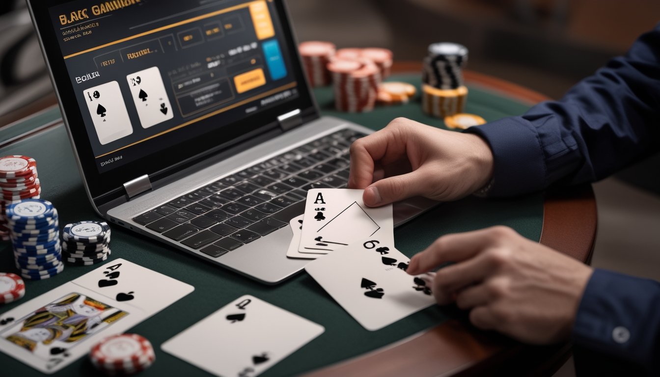 Tangan pemain menganalisis kartu blackjack di samping laptop, chip kasino, dan kalkulator.