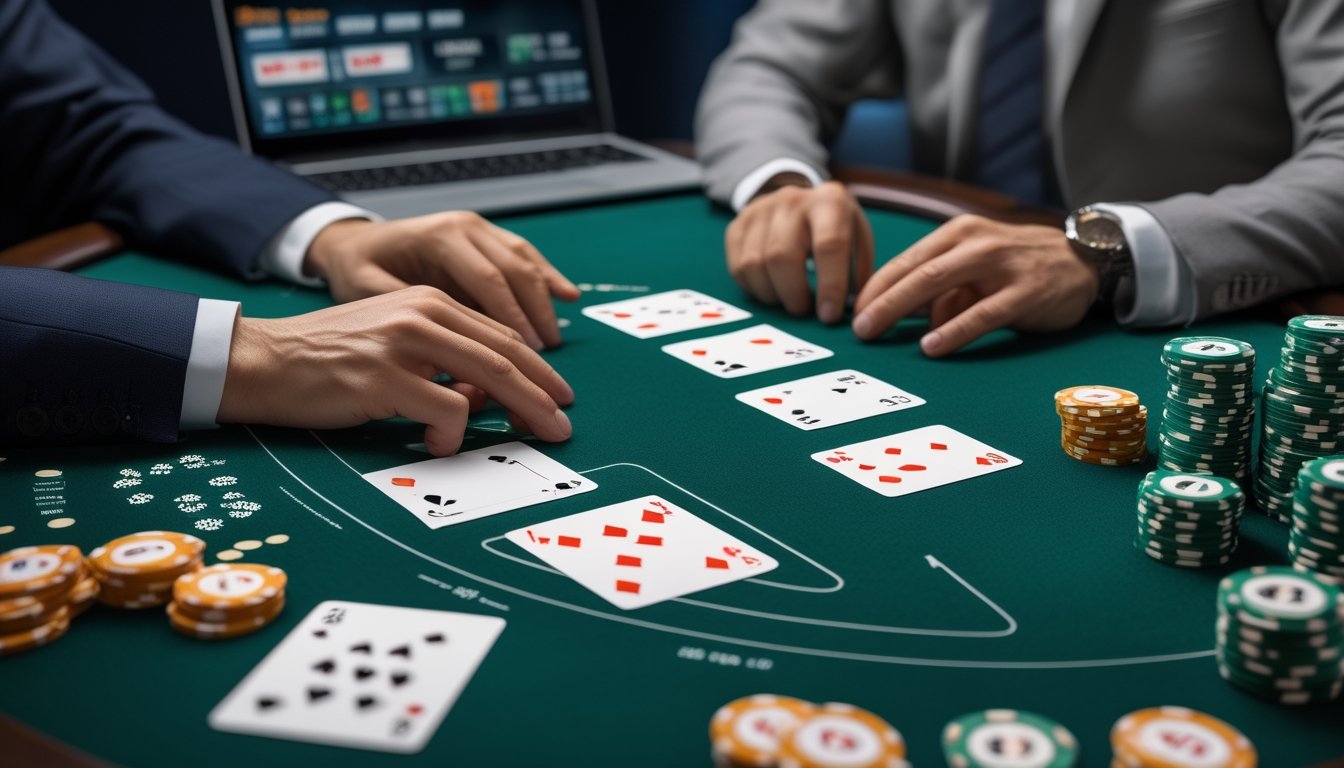Meja blackjack dengan kartu, keping kasino, dan perangkat digital yang menampilkan permainan secara samar.