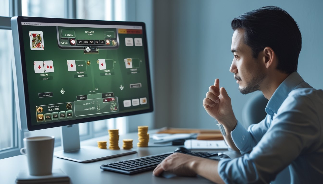 Seorang pemain mempertimbangkan keputusan menggandakan taruhan dalam permainan blackjack online di depan komputer.