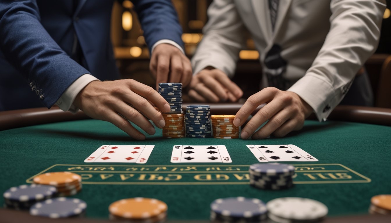 Tangan pemain menambahkan chip taruhan di meja blackjack saat dealer berada di seberang meja.