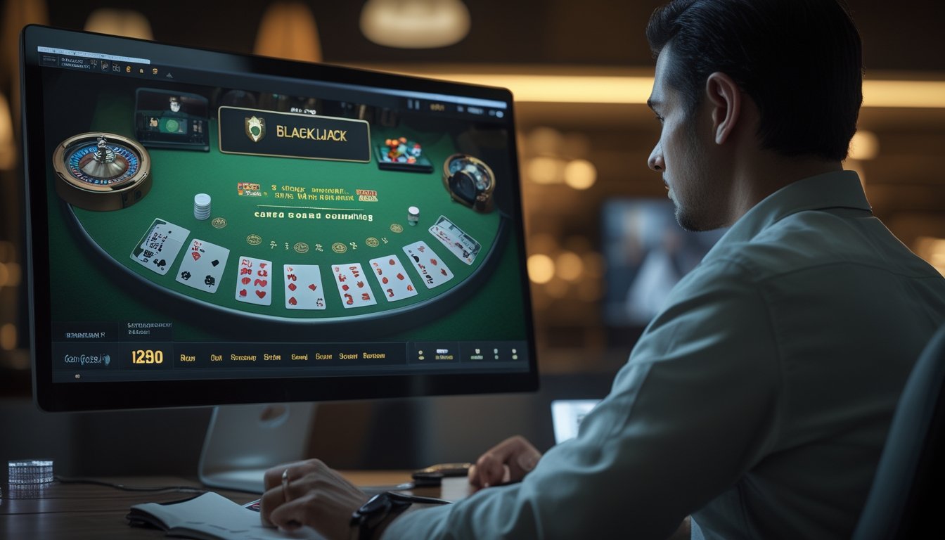 Pemain mempelajari kartu blackjack langsung melalui layar komputer dengan suasana meja kasino.