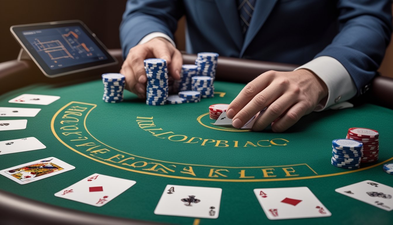 Tangan dealer menata kartu blackjack dan chip di atas meja kasino, dengan perangkat digital menampilkan grafik abstrak di latar belakang.
