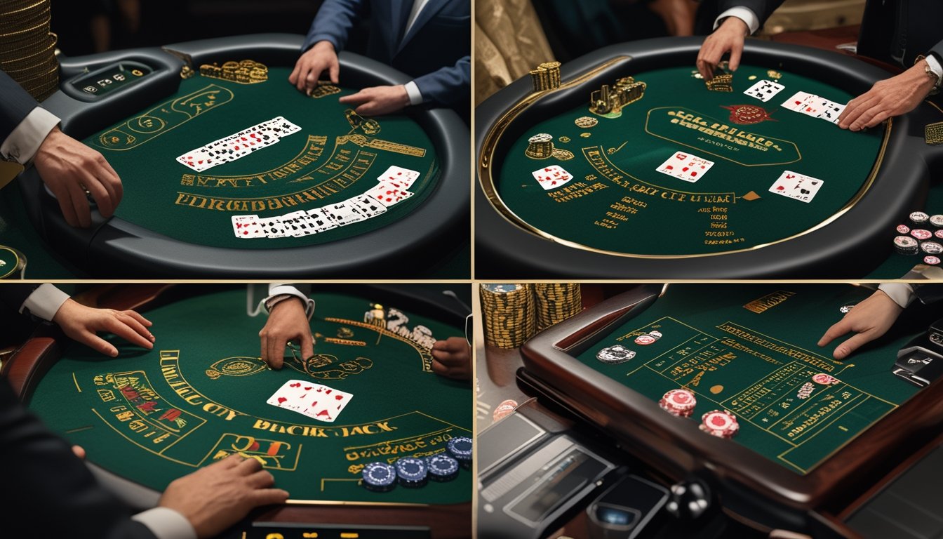 Tampilan meja blackjack daring dengan kartu, keping kasino, dan dua area permainan yang dibandingkan.