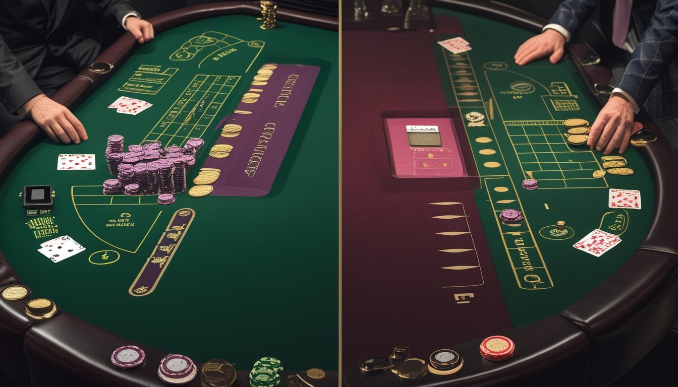 Meja blackjack dengan dealer, kartu, chip, dan dua susunan permainan yang berbeda.