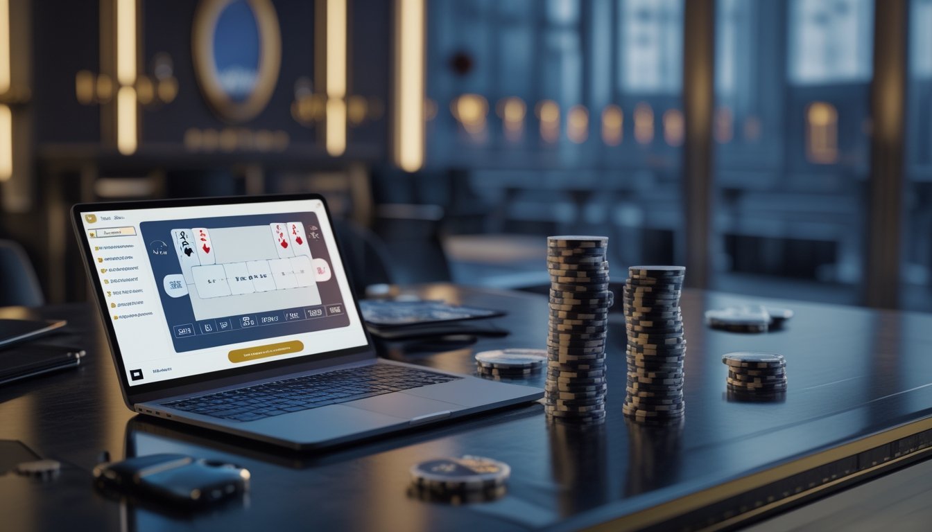 Laptop menampilkan meja blackjack daring dengan kartu dan chip, ditemani ponsel serta suasana kasino modern.