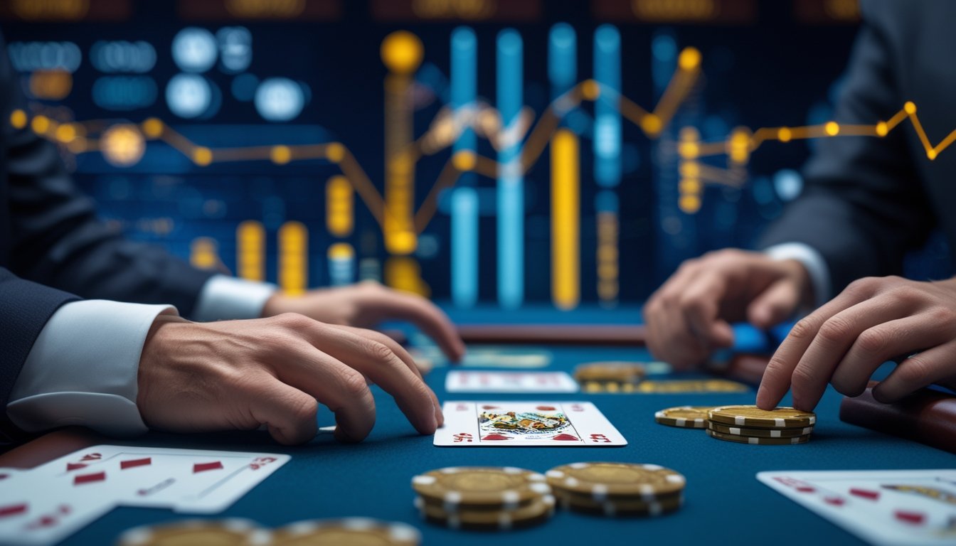 Meja blackjack dengan kartu, keping kasino, dan tampilan analitik abstrak di latar belakang.