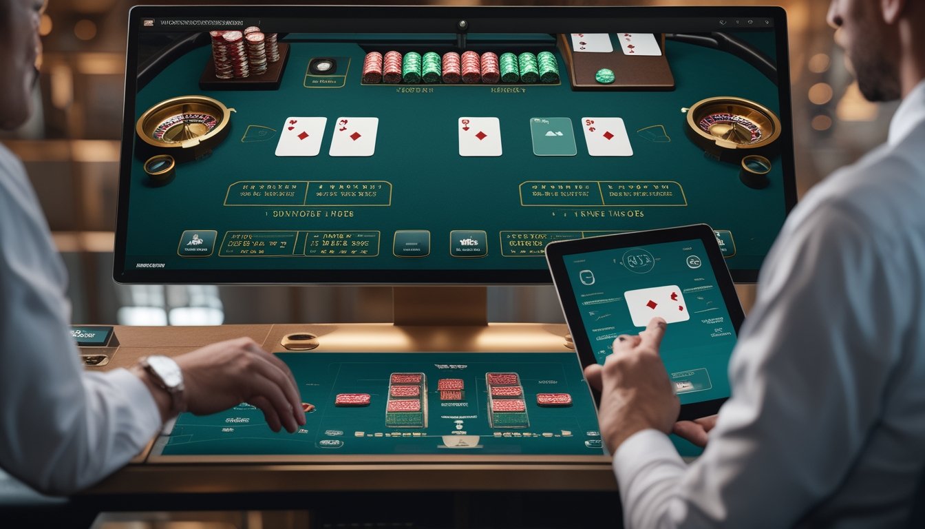 Pemain mempelajari permainan blackjack online dengan dua tangan kartu dan meja kasino digital.