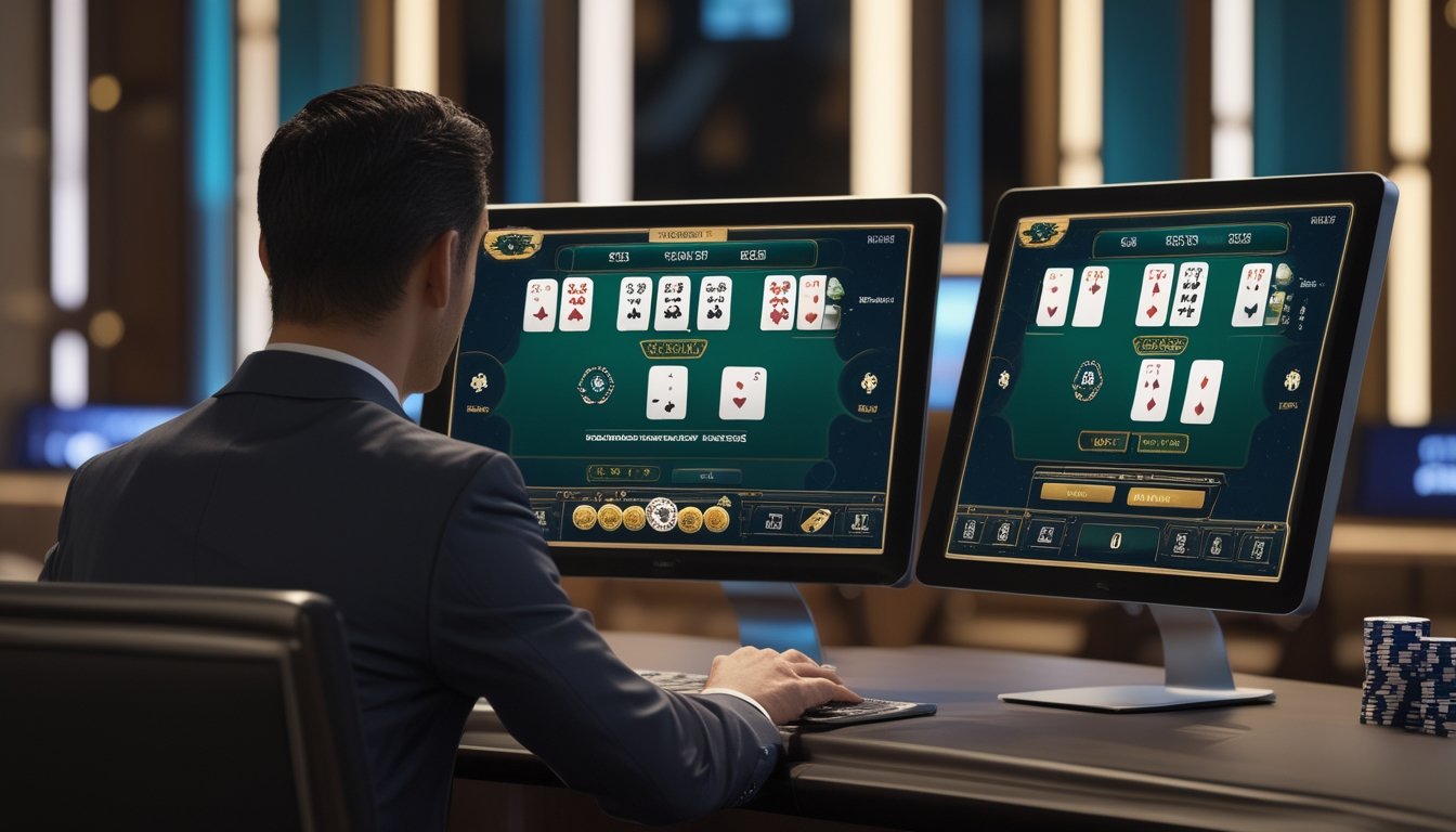 Pemain mengamati dua meja blackjack digital dengan dua set kartu dan chip di layar komputer.