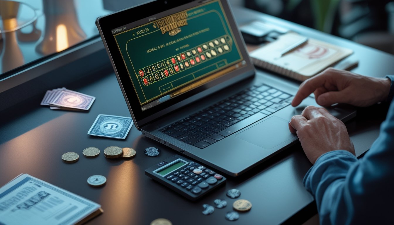 Seseorang memainkan blackjack online satu dek kartu di laptop dengan kartu, chip, kalkulator, dan catatan anggaran di meja.