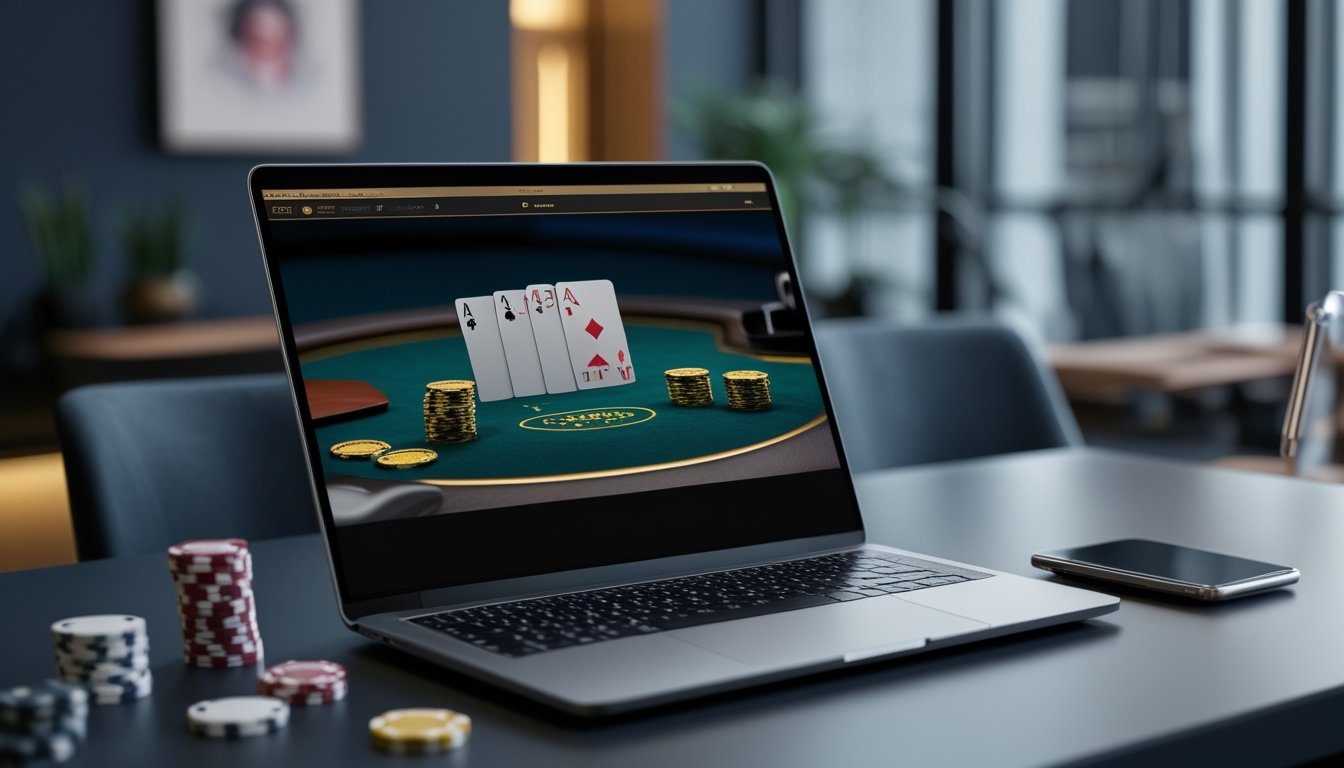 Laptop menampilkan meja blackjack digital dengan satu dek kartu dan beberapa keping chip di atas meja.