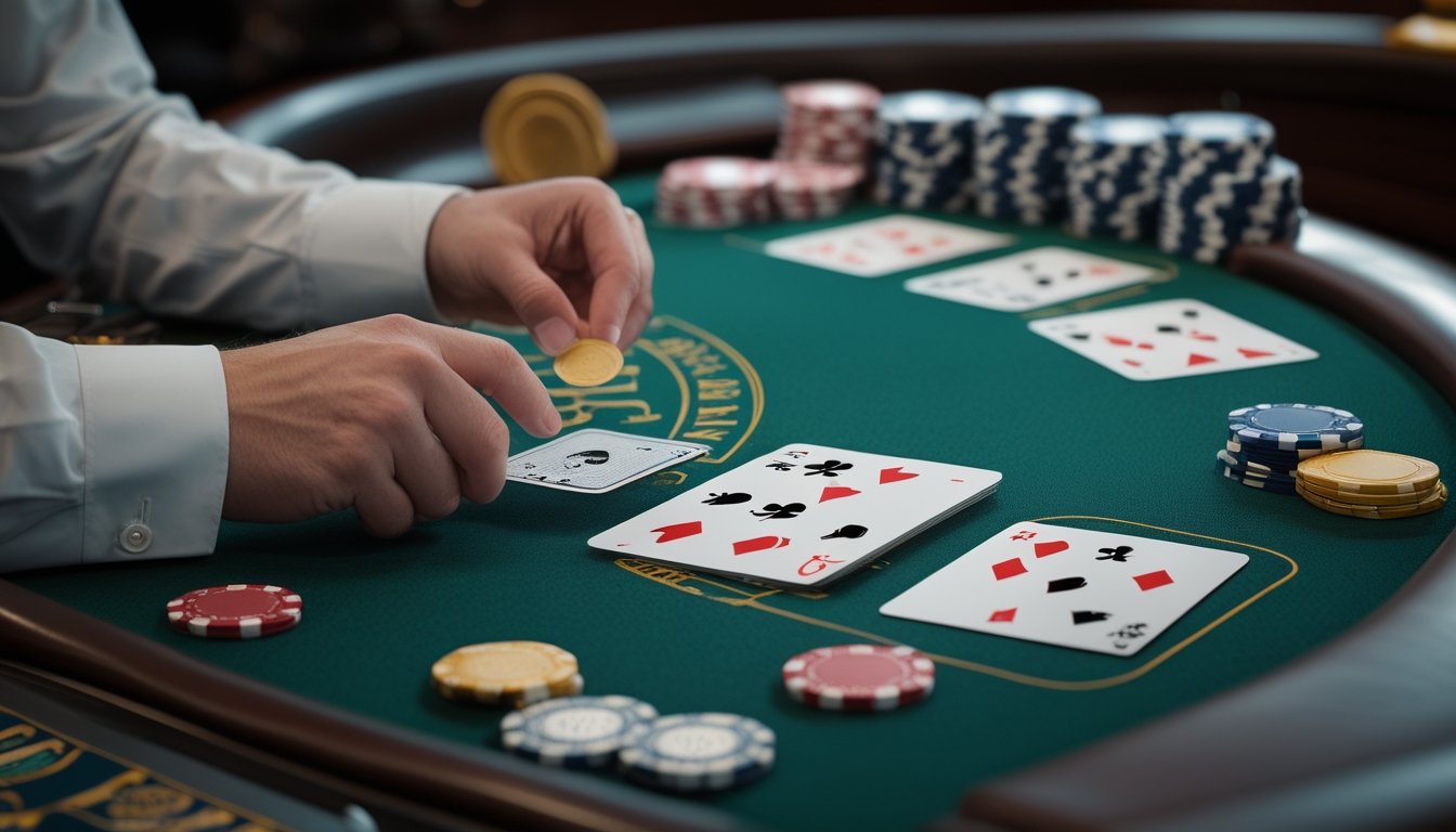 Kartu blackjack berpasangan dengan keping taruhan di atas meja kasino.