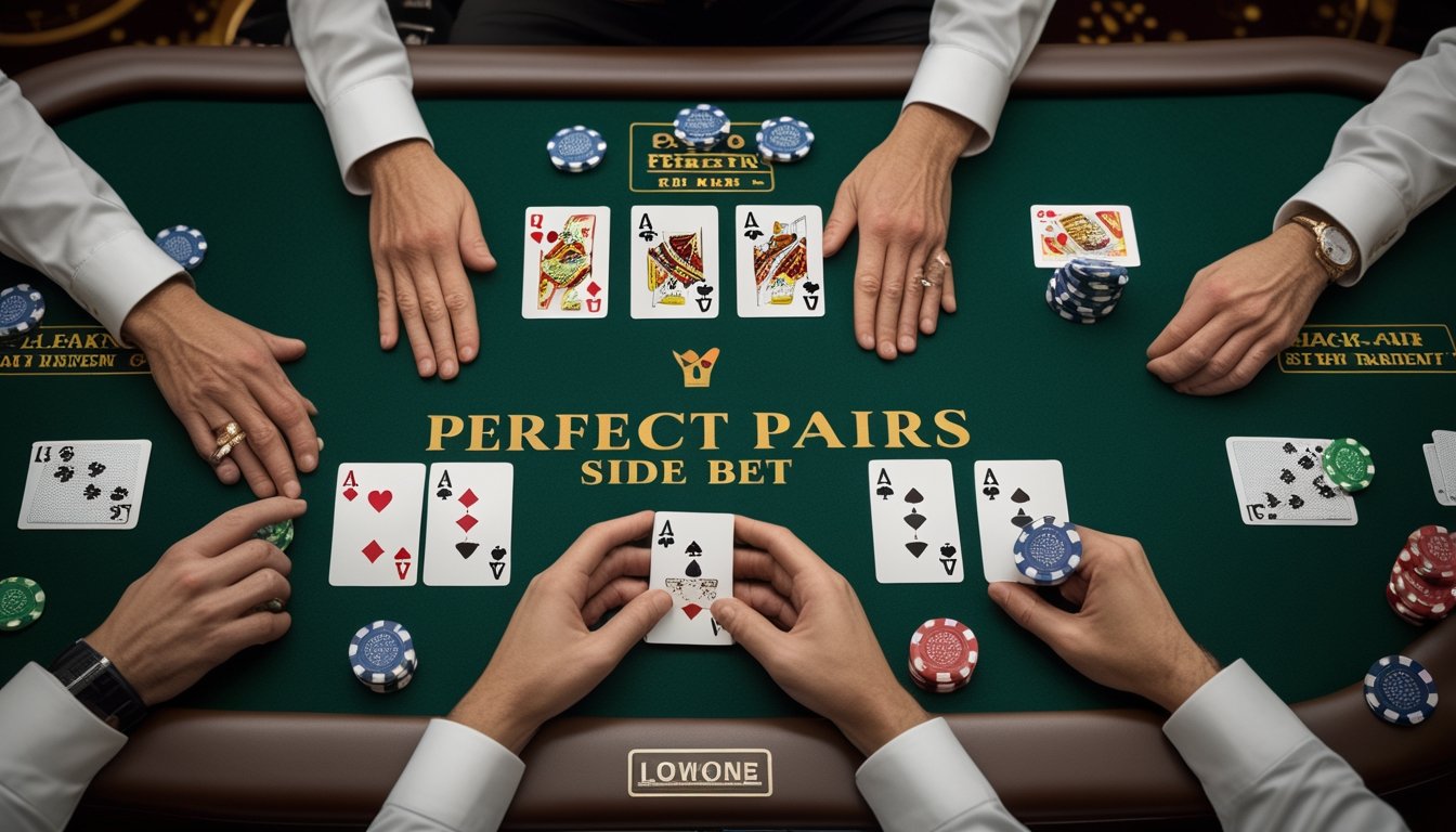 Meja blackjack dengan kartu berpasangan dan keping taruhan di area kasino.