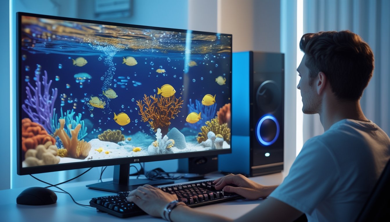 Seseorang memainkan permainan arcade bawah laut di depan komputer dengan layar berisi ikan warna-warni dan meriam permainan.