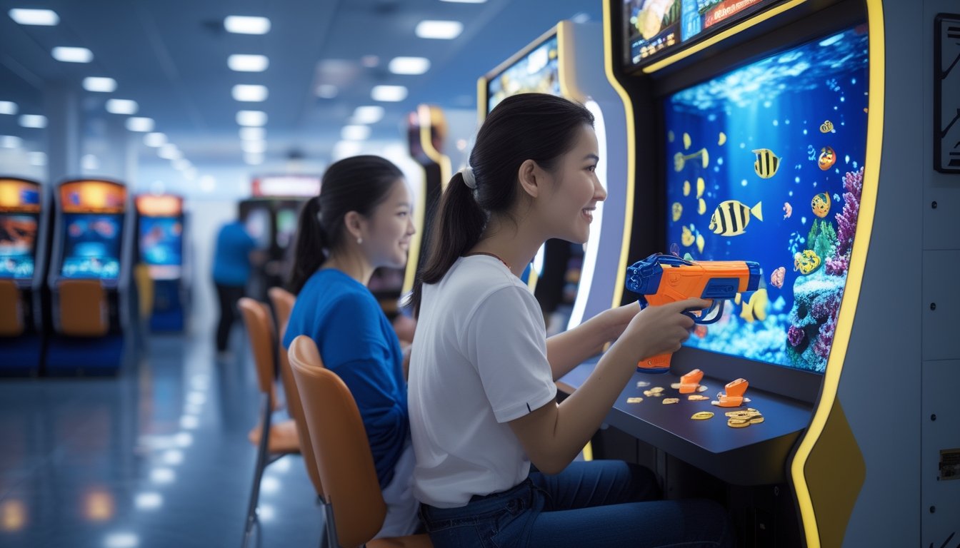 Seorang pemain pemula memainkan permainan tembak ikan di mesin arcade dengan latar bawah laut berwarna biru.