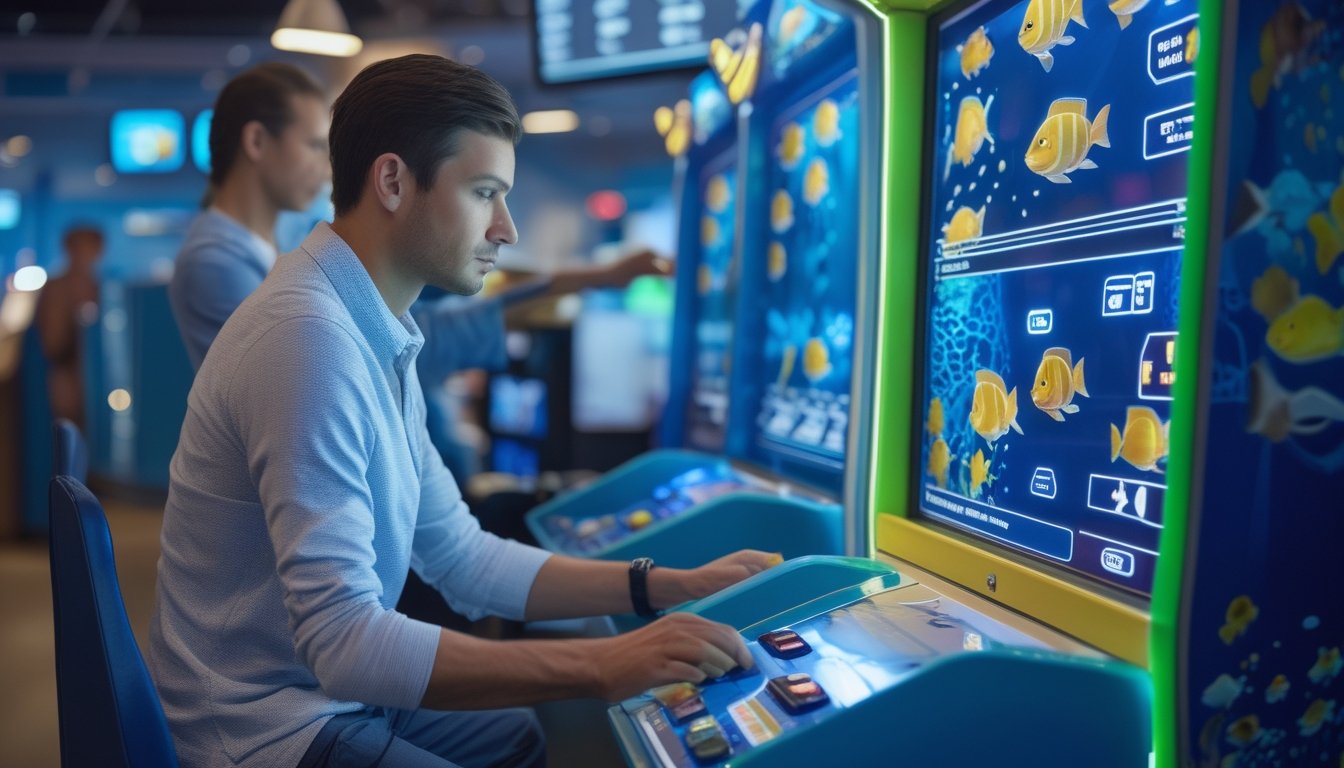 Seorang pemain dewasa mempelajari permainan tembak ikan di mesin arcade dengan ditemani orang dewasa lain.