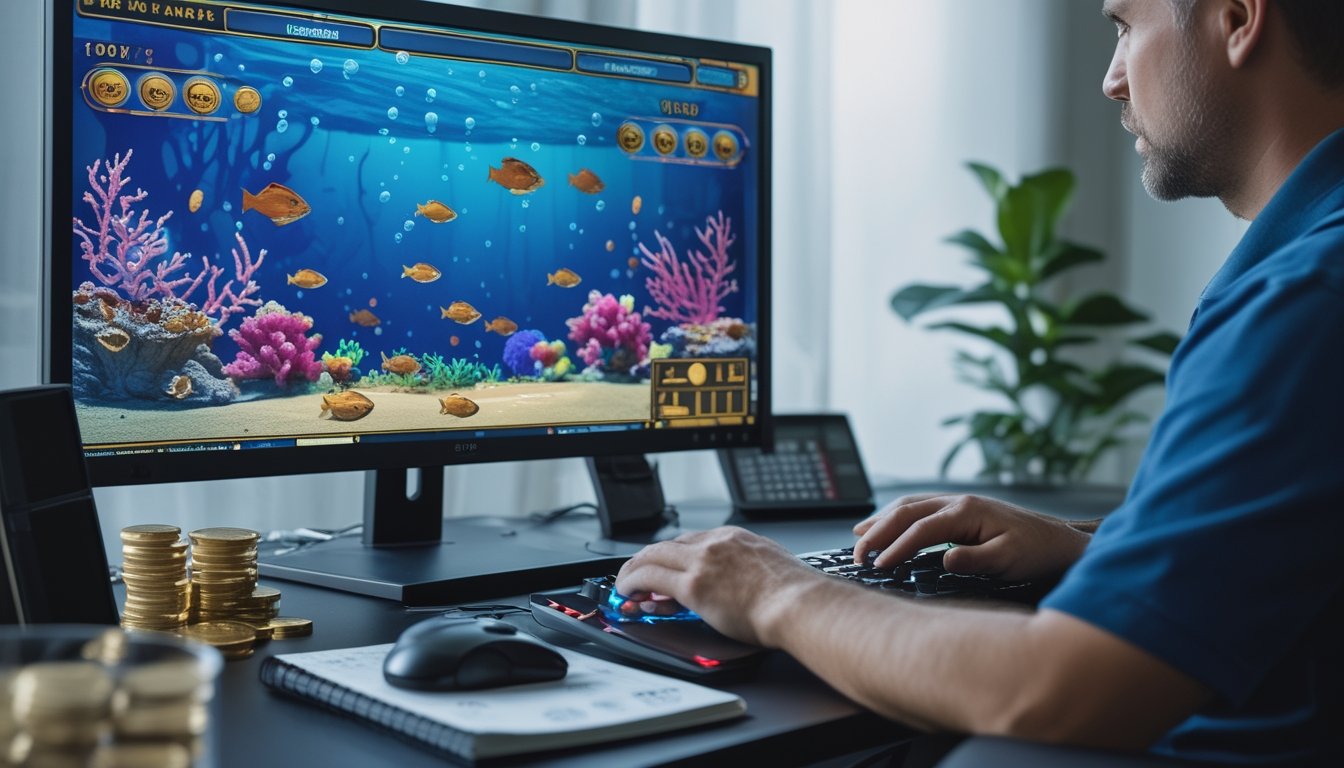 Pemain mengoperasikan permainan tembak ikan di meja gaming sambil mengatur koin virtual dengan catatan dan kalkulator.