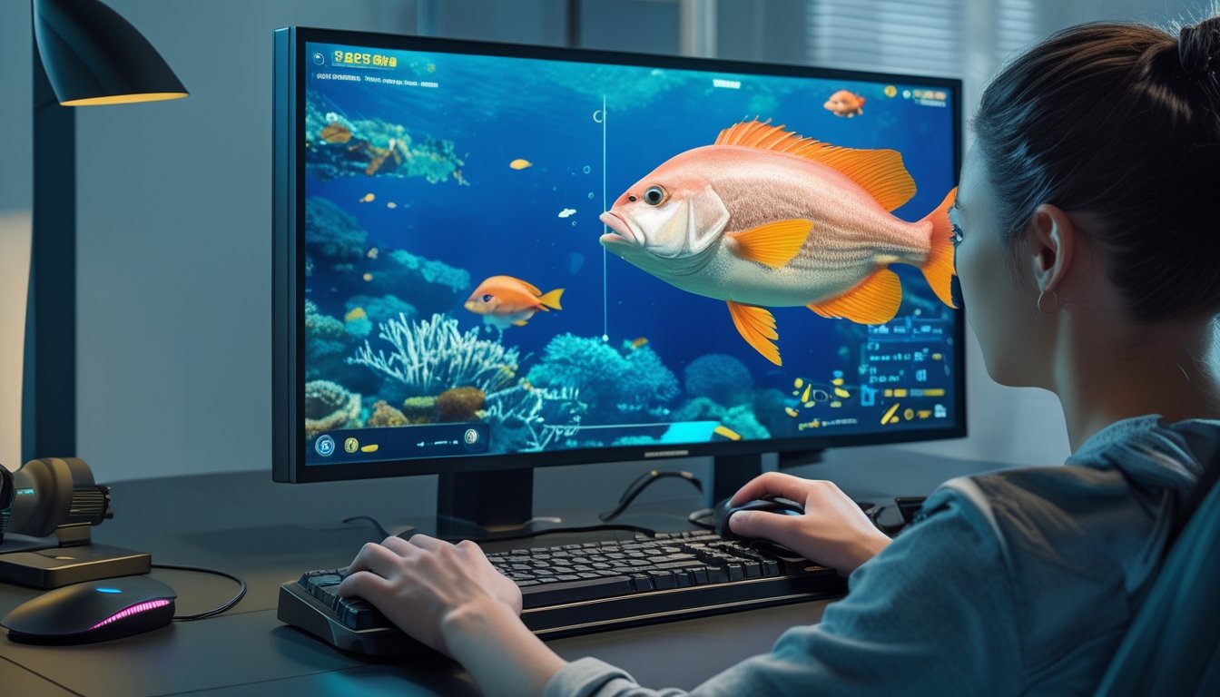 Seseorang fokus memainkan permainan menembak ikan besar di depan monitor dengan latar bawah laut berwarna biru.
