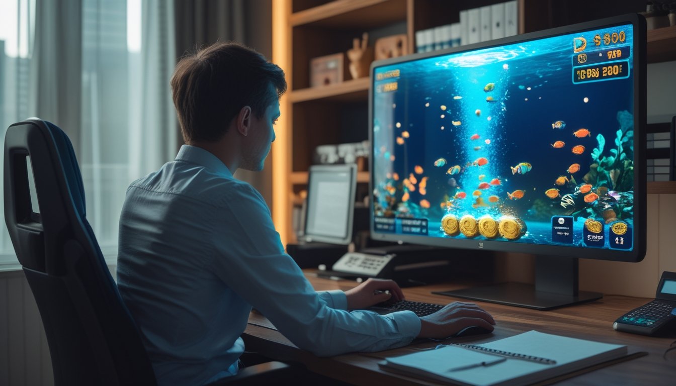 Seorang pemain fokus memainkan permainan memancing virtual di depan monitor dengan ikan berwarna-warni dan efek kemenangan.