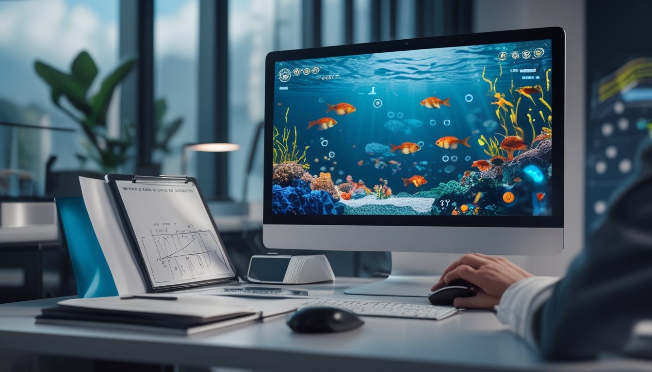 Seseorang memainkan permainan tembak ikan bertema bawah laut di depan monitor komputer.