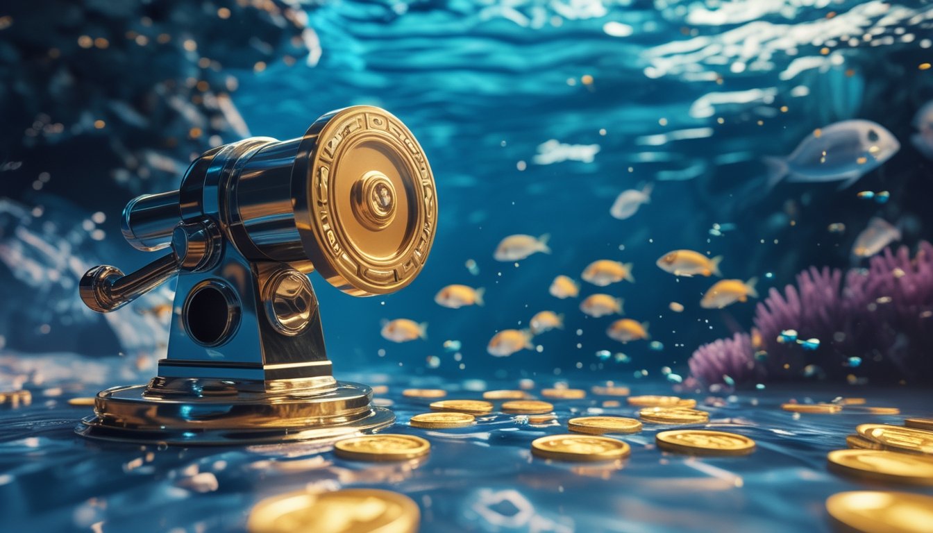 Pemandangan bawah laut dengan ikan warna-warni, meriam permainan memancing, dan koin emas bercahaya.