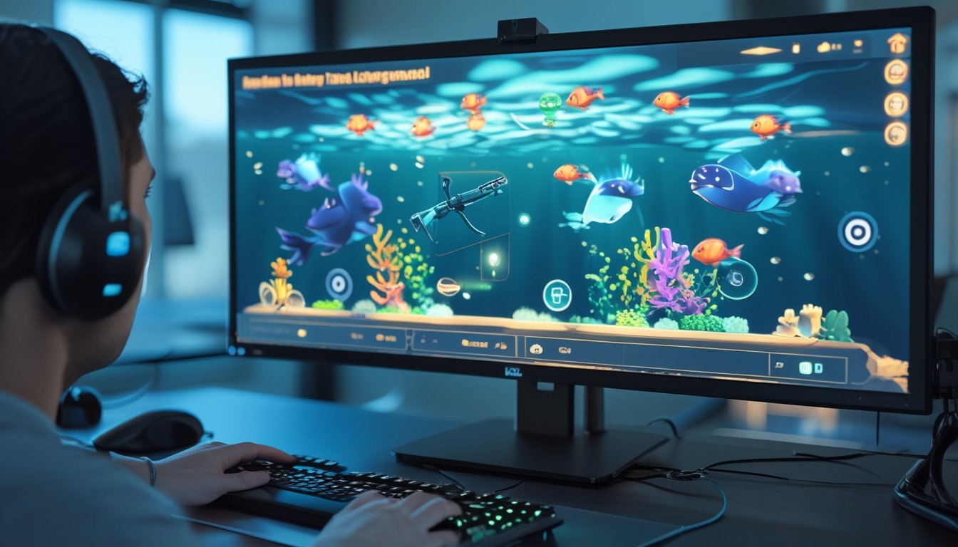 Pemain menggunakan komputer untuk memainkan permainan menembak ikan dengan simbol dan senjata bergaya futuristik di bawah laut.