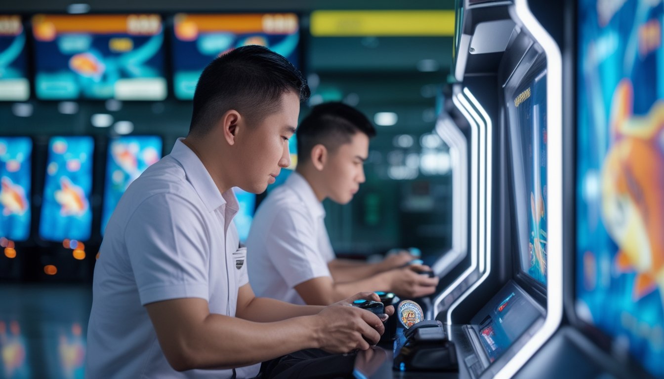 Seorang pemain menggunakan mesin permainan tembak ikan dengan modal kecil di arena permainan.