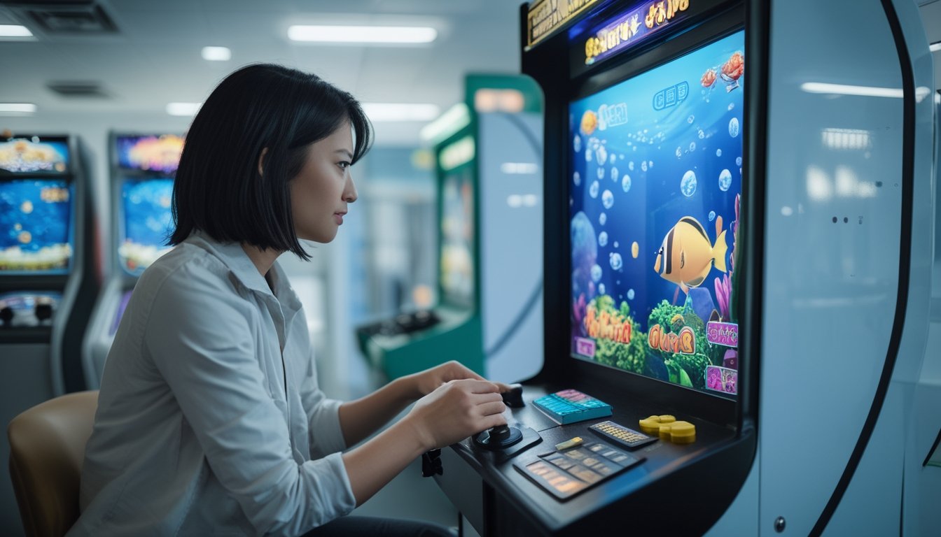 Seorang pemain dewasa mengamati permainan tembak ikan di arena arcade sambil mempertimbangkan anggaran dan risikonya.