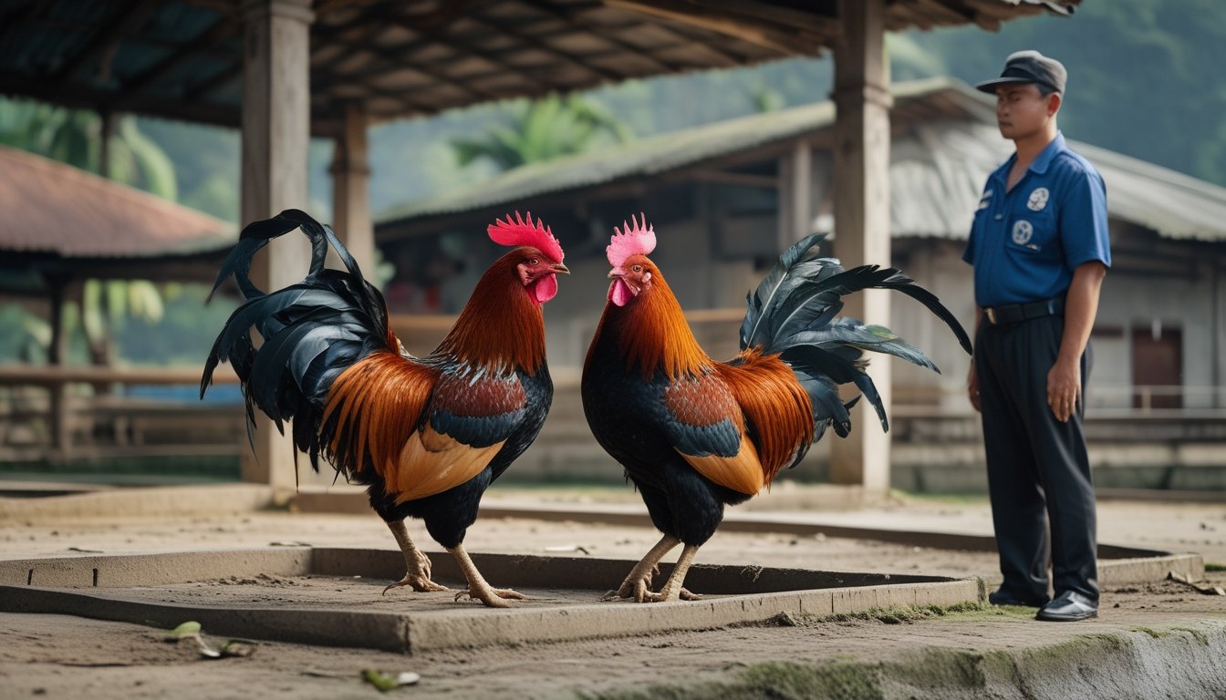 Dua ayam jantan berada di area terpisah dalam arena pedesaan yang tertata, sementara pengawas dan perawat memperhatikan dari jarak aman.