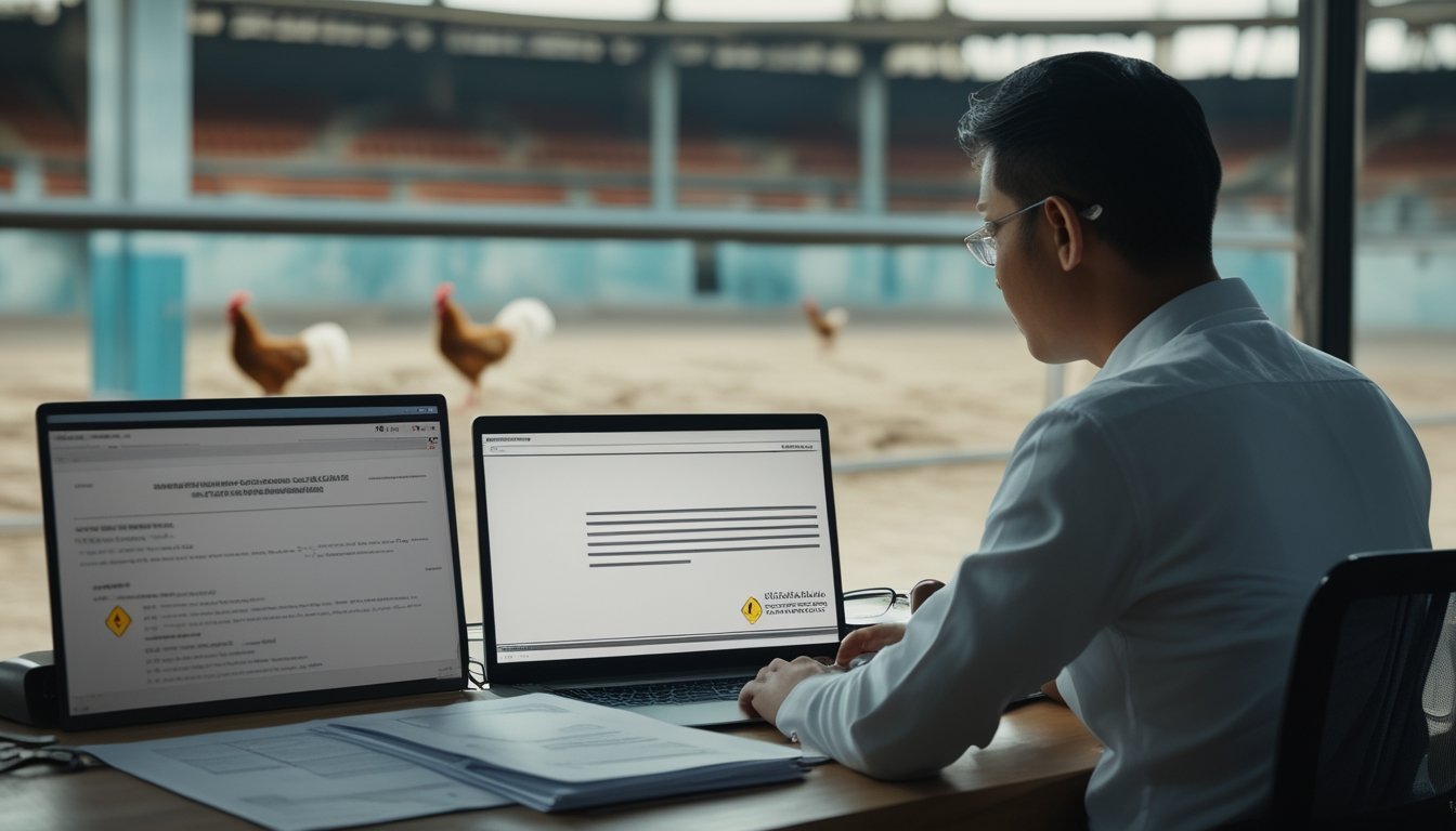 Penasihat hukum Indonesia meninjau dokumen risiko di meja, dengan arena sabung ayam yang kosong dan dua ayam di latar belakang.