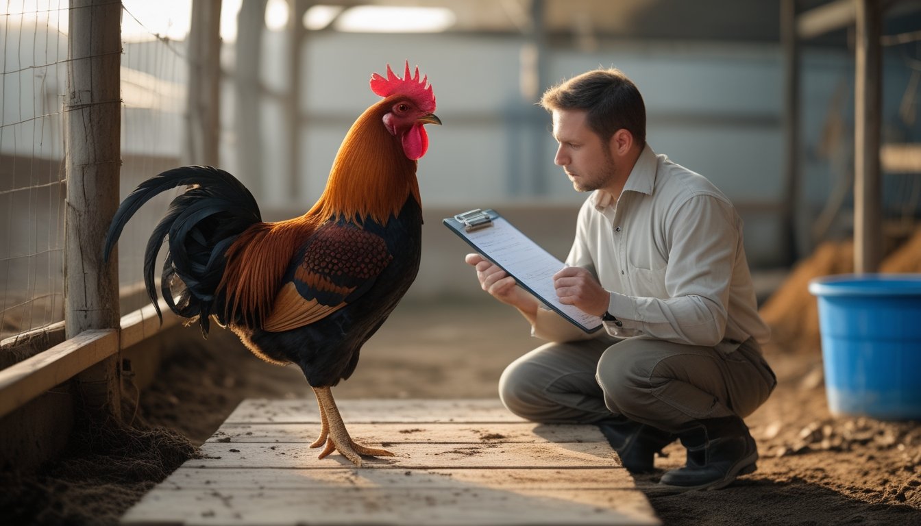 Seorang perawat mengamati ayam jago sehat di lingkungan kandang yang bersih sambil mengevaluasi kondisinya.