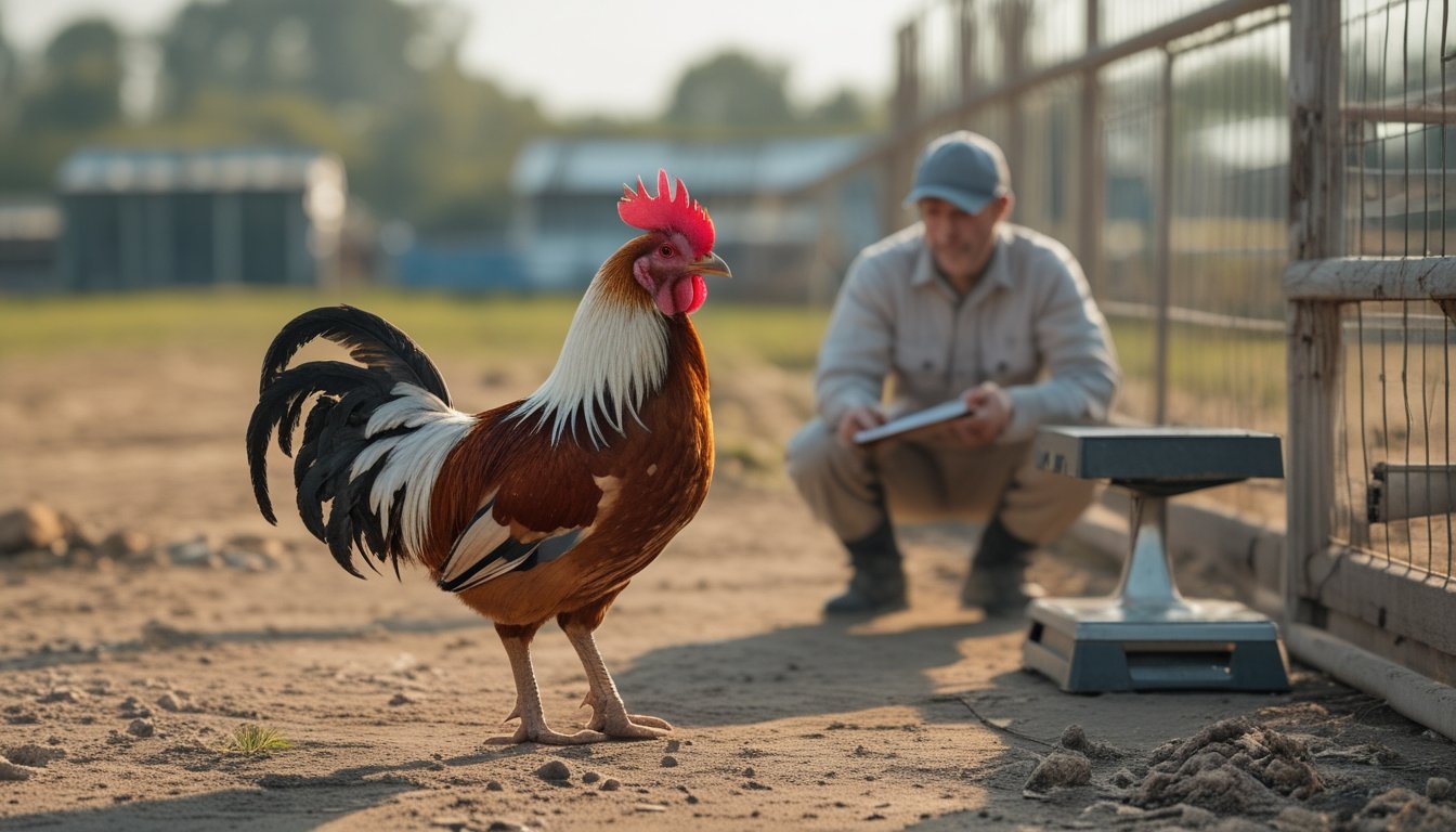 Seorang perawat mengamati ayam jago yang sehat di halaman kandang yang bersih.
