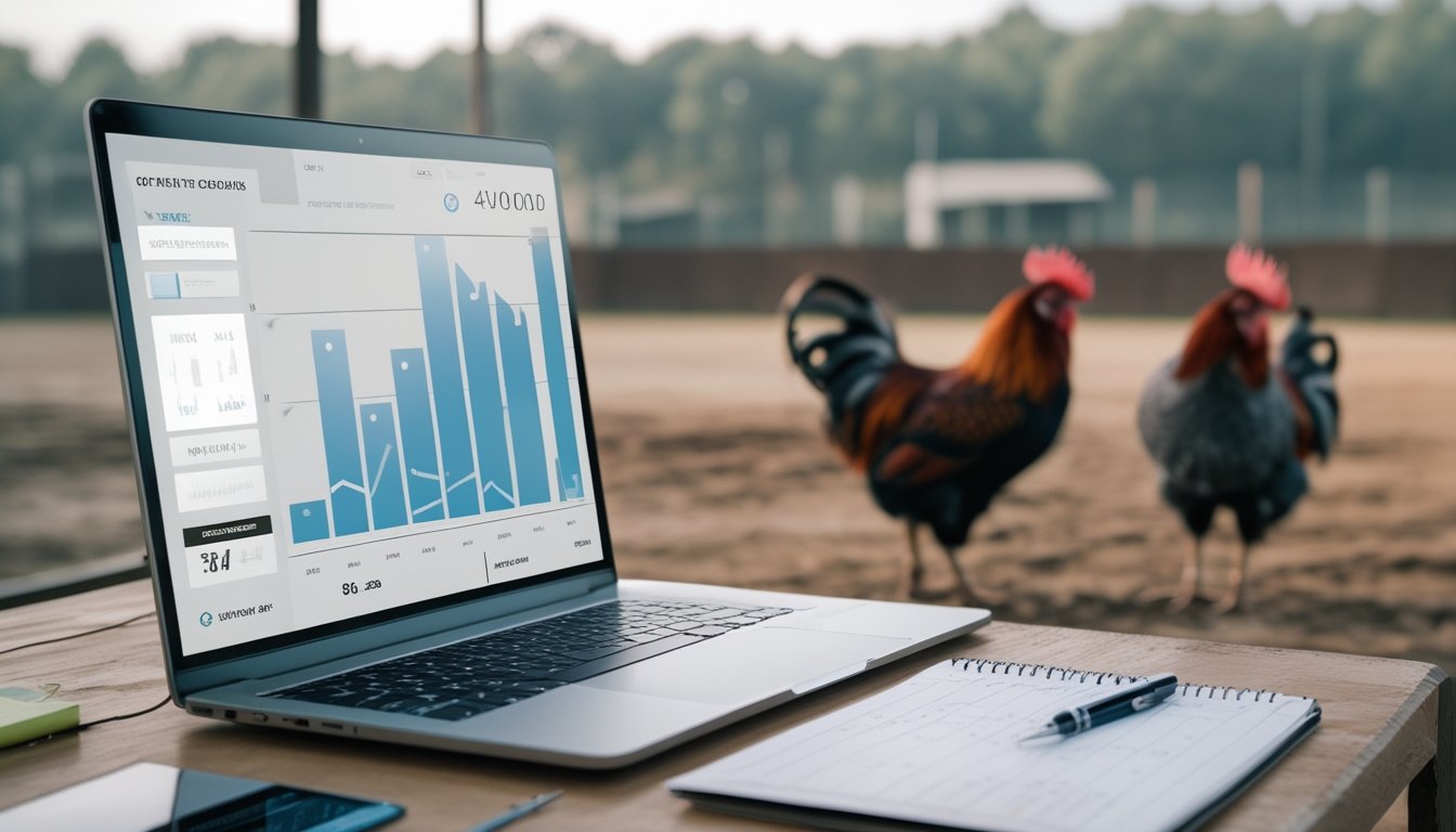 Meja kerja dengan laptop, kalkulator, catatan analisis, dan grafik peluang, dengan arena sabung ayam yang tampak samar di latar belakang.