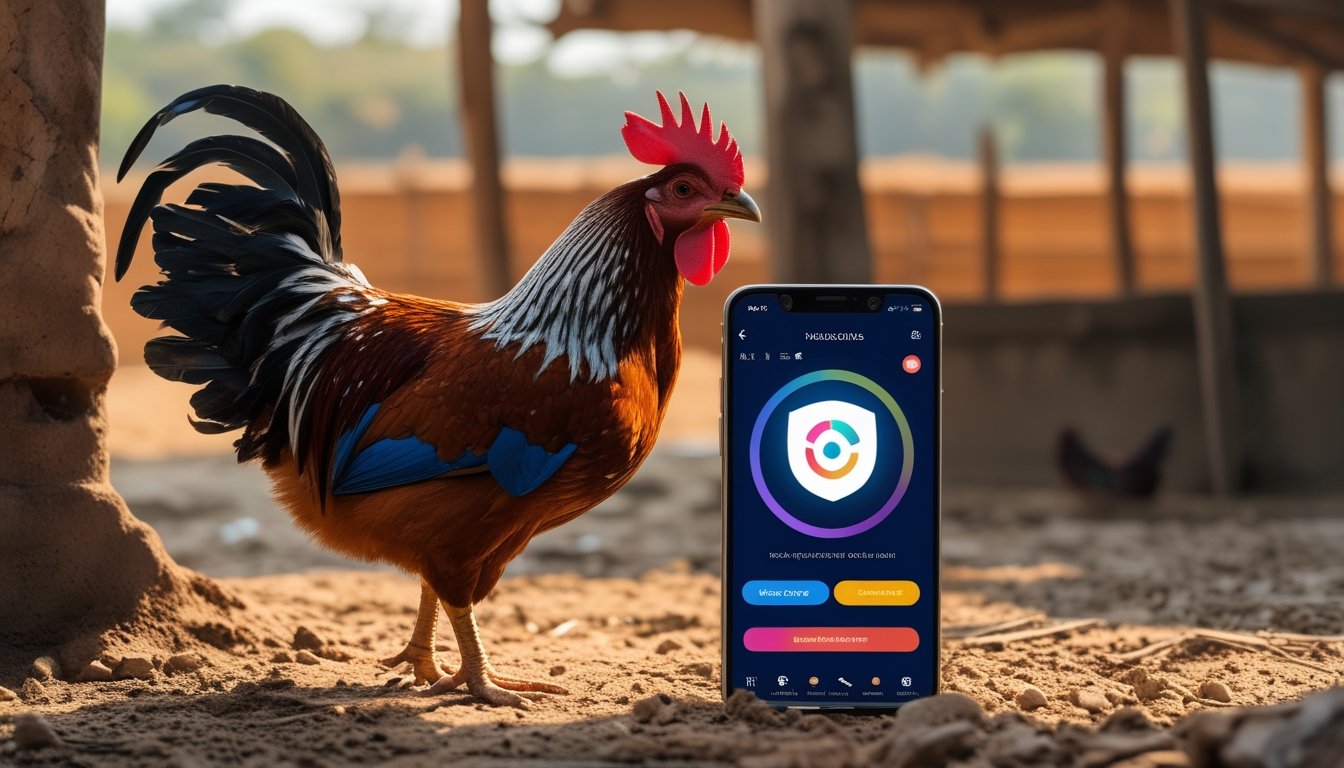 Ayam jantan sehat berdiri di samping ponsel yang menampilkan simbol pembayaran digital abstrak.