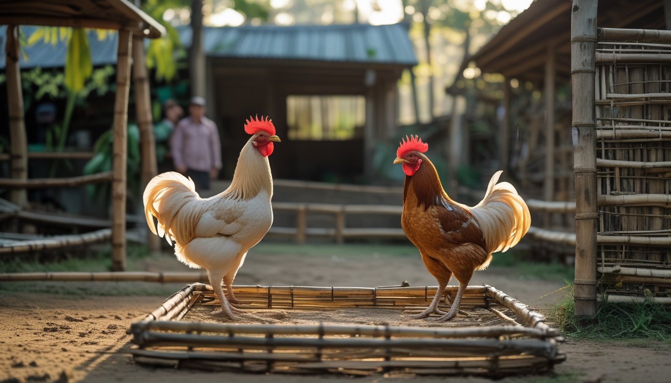 Suasana sederhana di halaman desa dengan dua ayam jantan dalam kandang bambu dan beberapa orang mengamatinya.