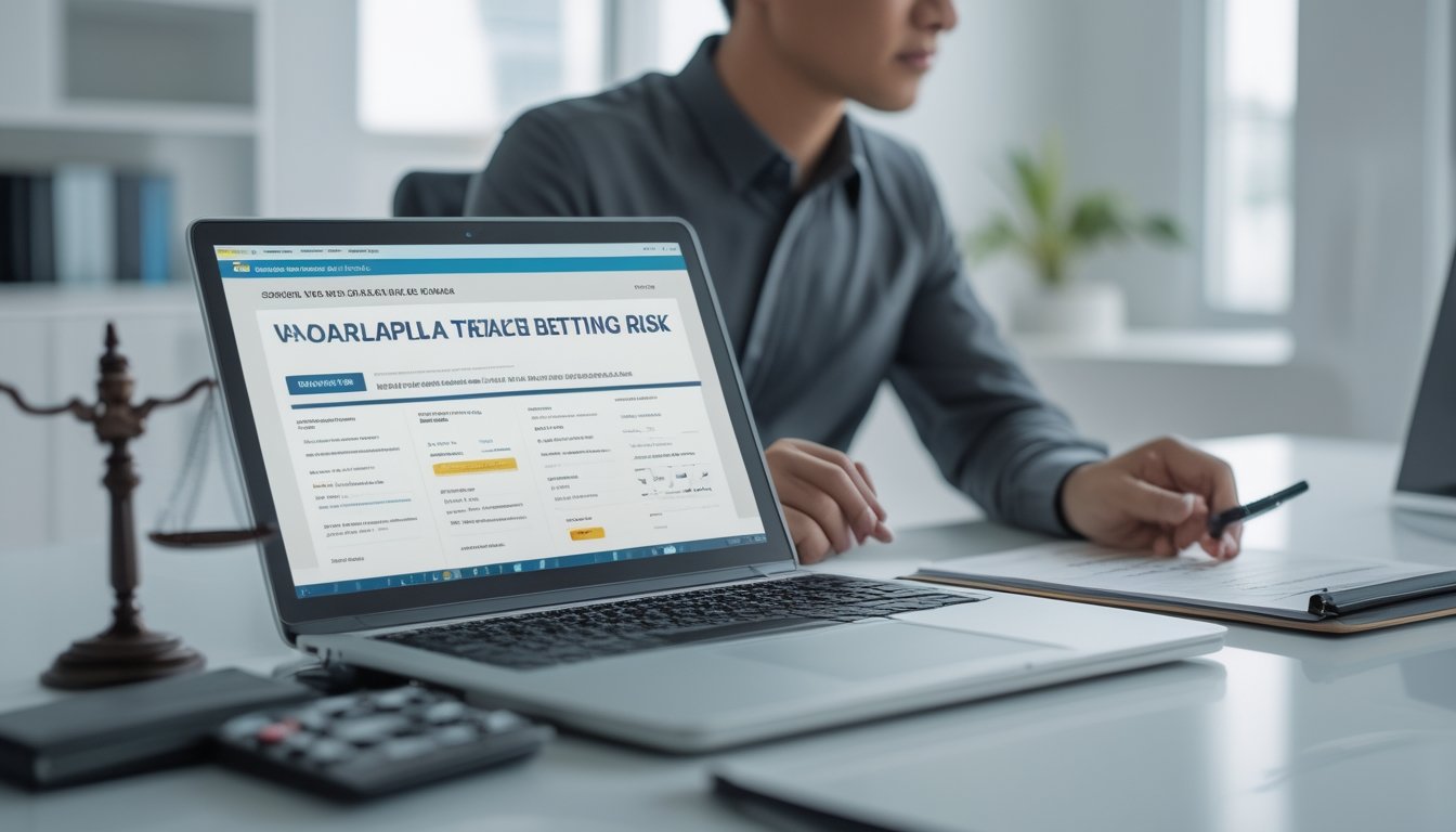 Seseorang meninjau dokumen hukum dan analisis risiko di meja kerja dengan laptop serta simbol kepatuhan.