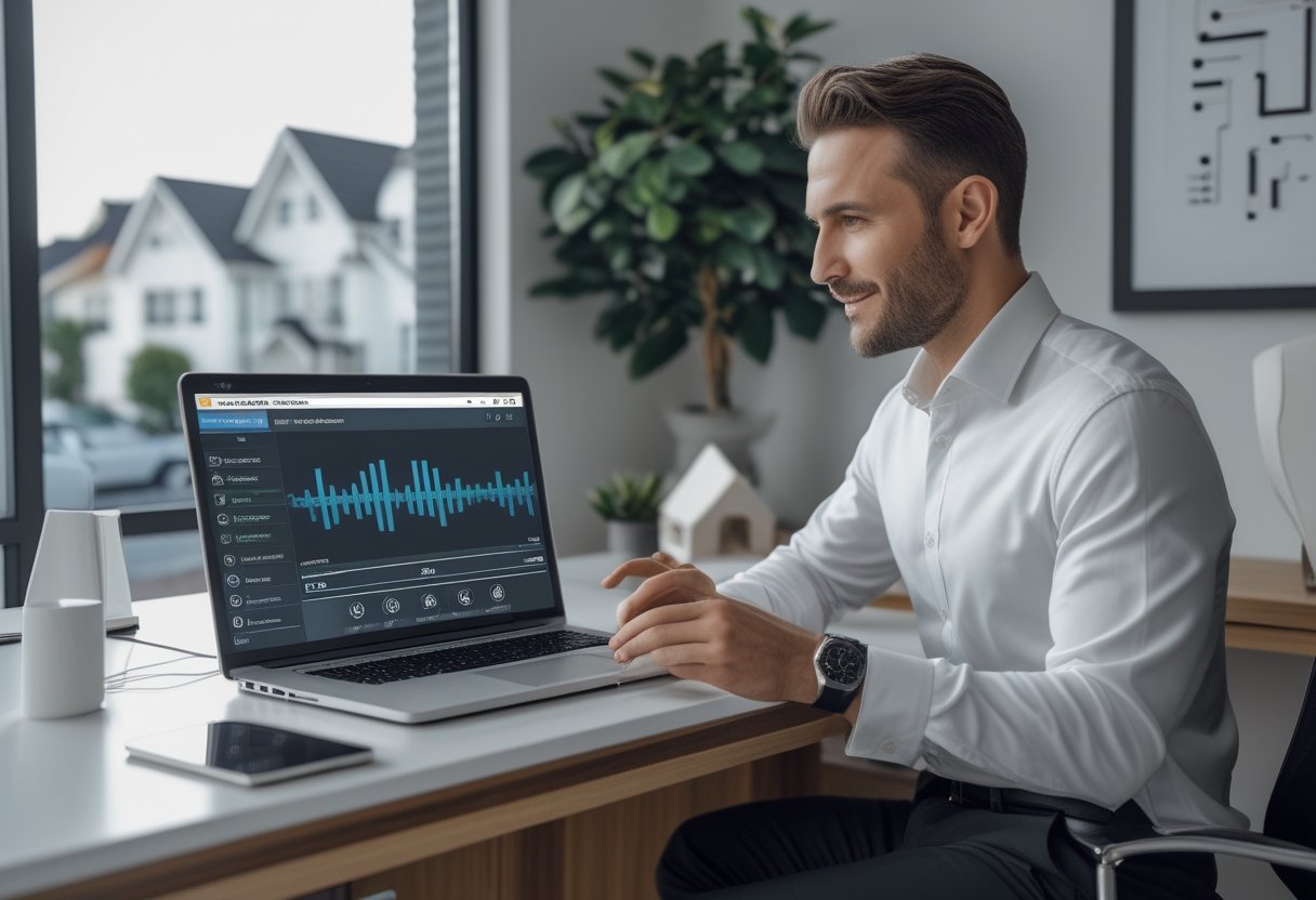 A real estate agent reviews an audio advertising campaign on a laptop beside a smartphone in a modern office.
