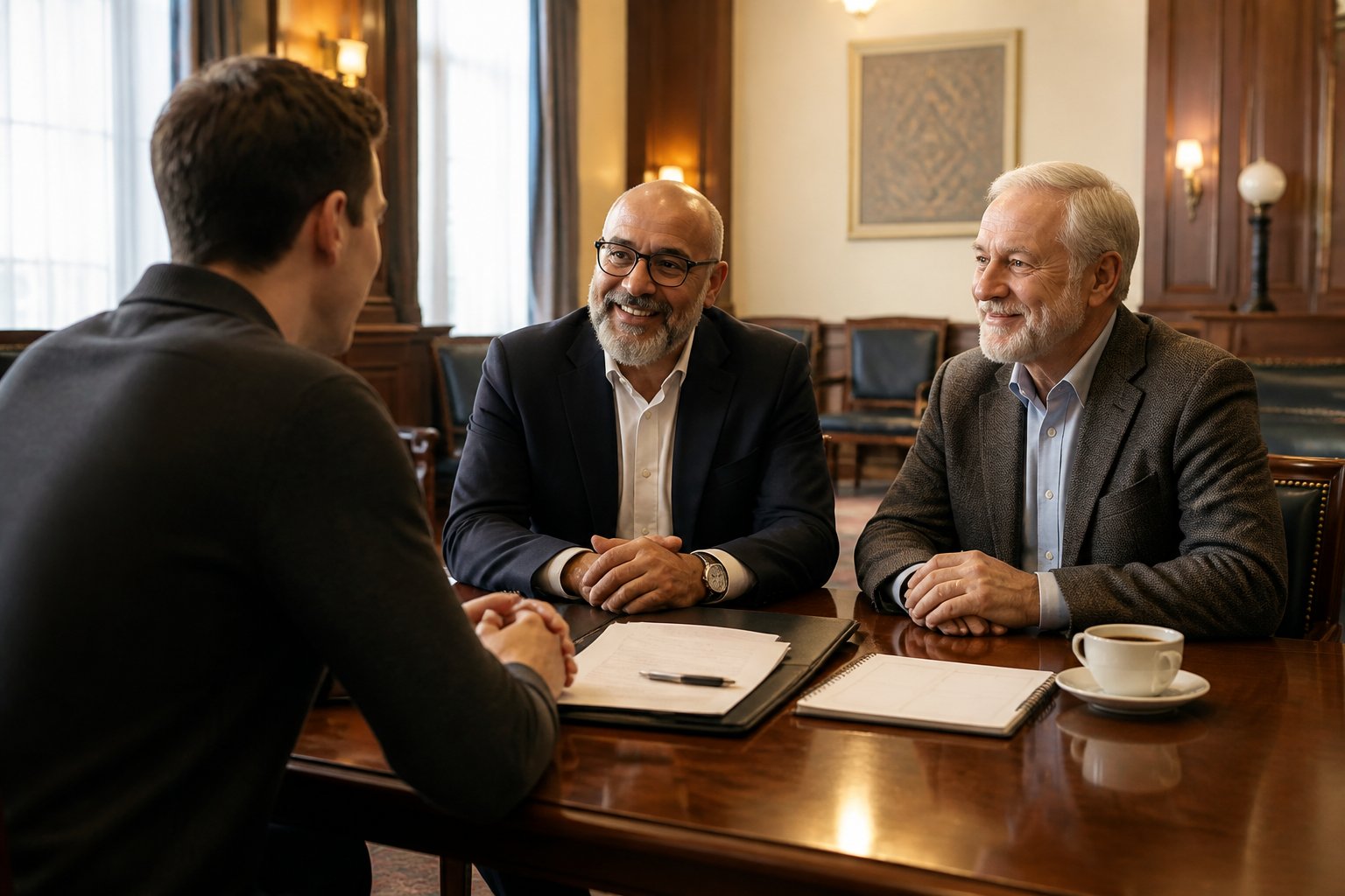 A prospective applicant discusses a membership application with two welcoming members in a historic meeting room.