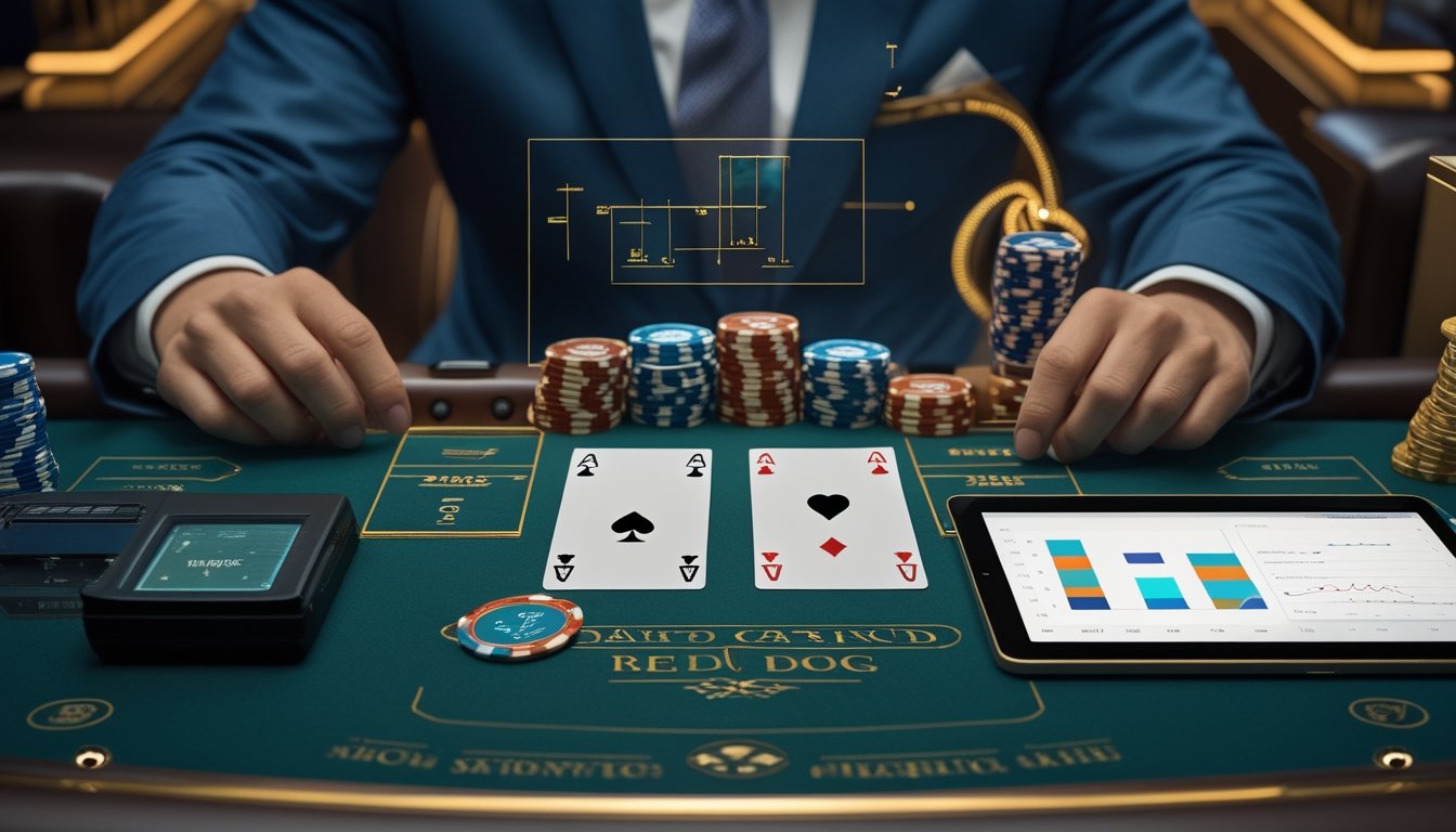 Dealer membuka kartu di meja kasino dengan chip, tablet analisis, dan grafik data samar di sekitarnya.
