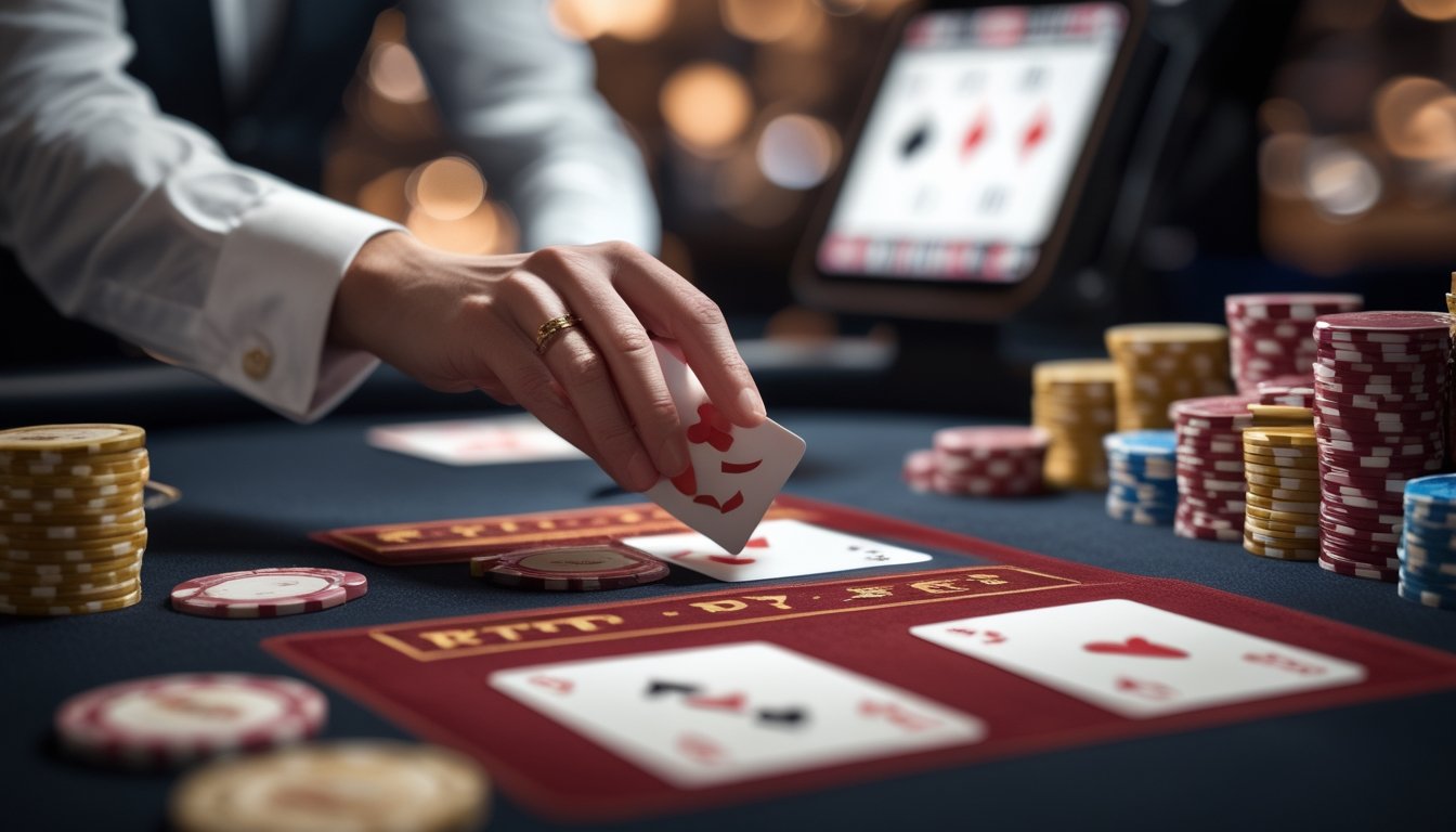 Dealer menyiapkan kartu ketiga di antara dua kartu pada meja kasino dengan keping taruhan.