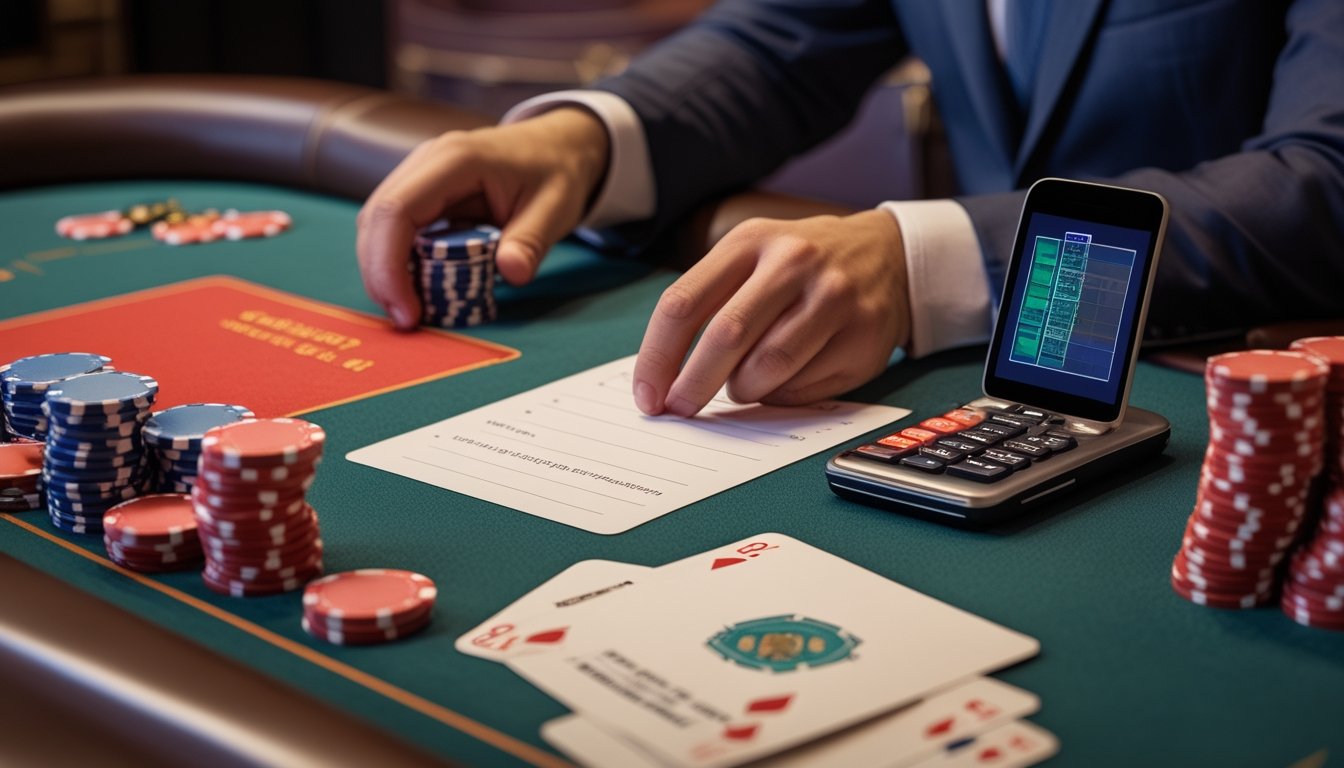 Pemain menata chip, kalkulator, dan catatan anggaran di meja kasino live bersama dealer.