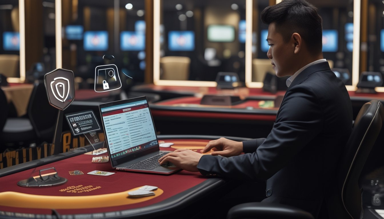 Pemain Indonesia memeriksa layanan kasino langsung di laptop dengan simbol keamanan dan verifikasi di sekitarnya.