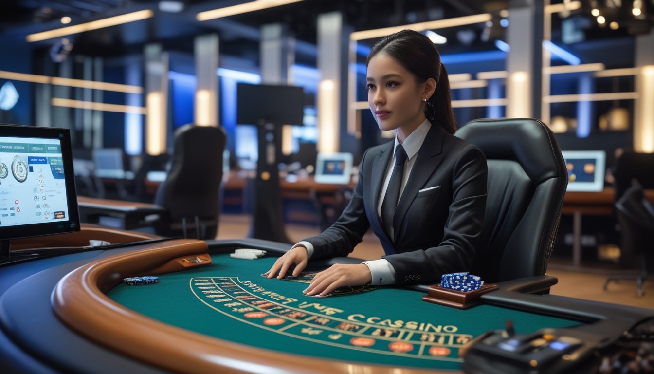 Dealer profesional bekerja di studio kasino langsung dengan meja permainan dan peralatan siaran modern.