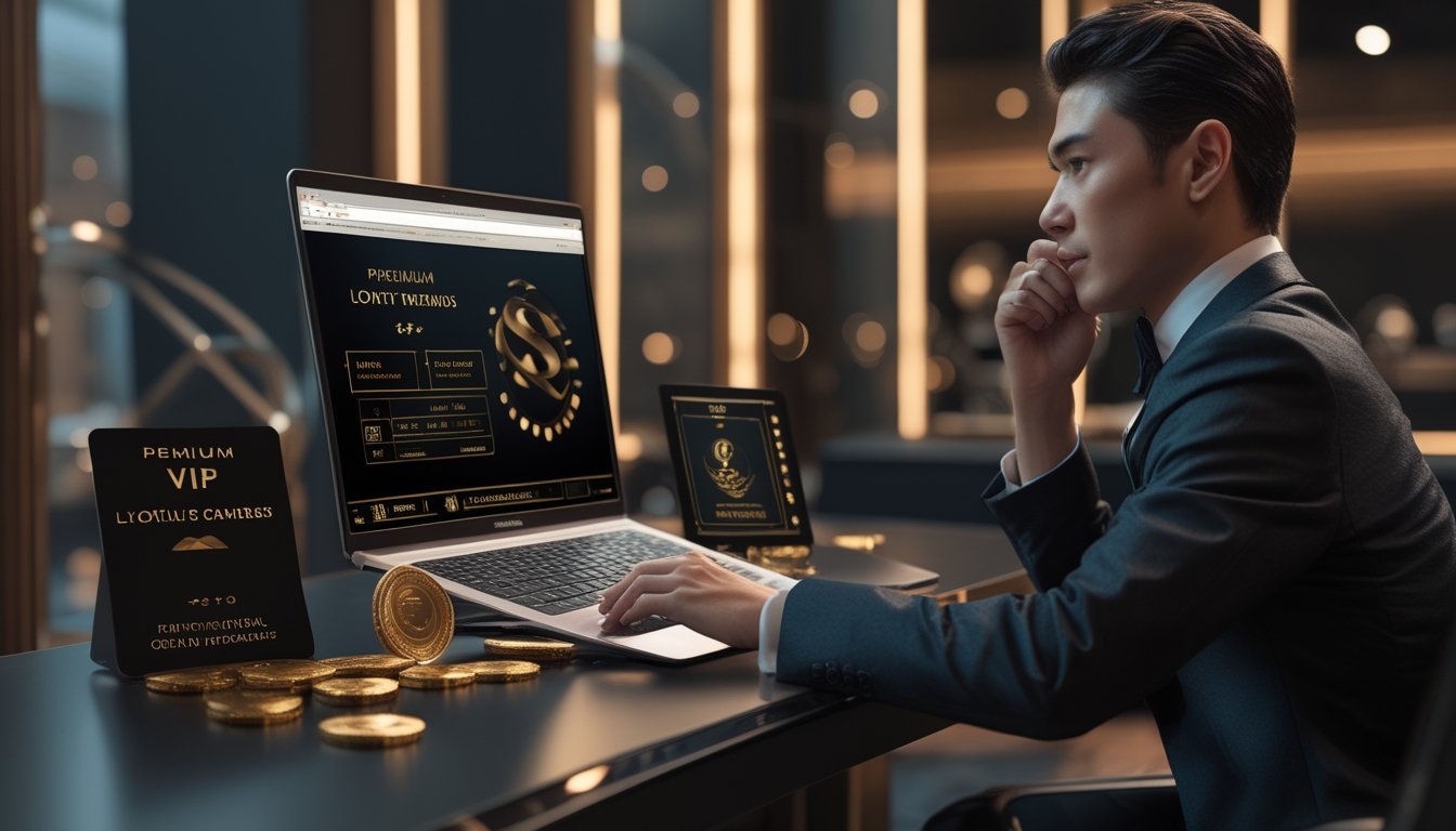 Seseorang meninjau manfaat loyalitas VIP di laptop dalam suasana mewah dengan koin emas dan simbol penghargaan.