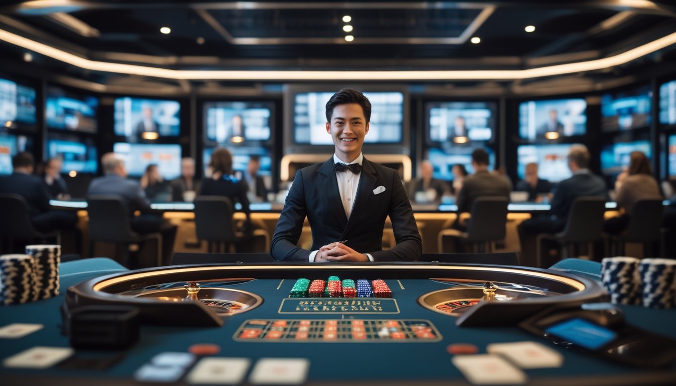 Dealer kasino memandu permainan langsung di meja dengan roda roulette, kartu, dan keping taruhan.