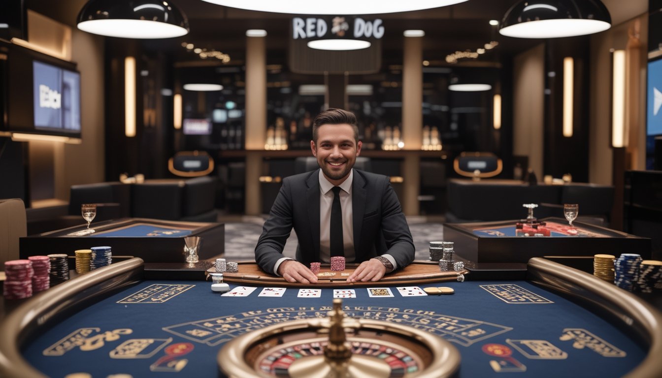 Dealer kasino menyambut pemain di meja permainan dengan kartu, chip, dan roda roulette.