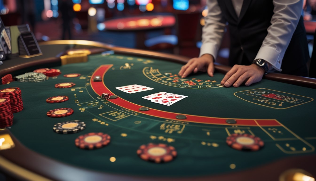 Dealer kasino menyajikan kartu di meja blackjack dengan keping taruhan dan suasana kasino elegan.