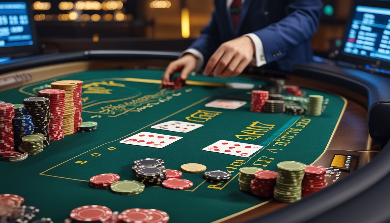 Dealer menata kartu dan keping taruhan di meja kasino untuk permainan Blackjack Red Dog.