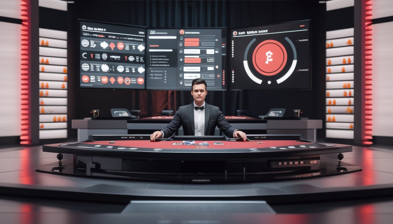Studio kasino live modern dengan dealer profesional, meja permainan, kartu, chip, dan simbol perbandingan yang seimbang.