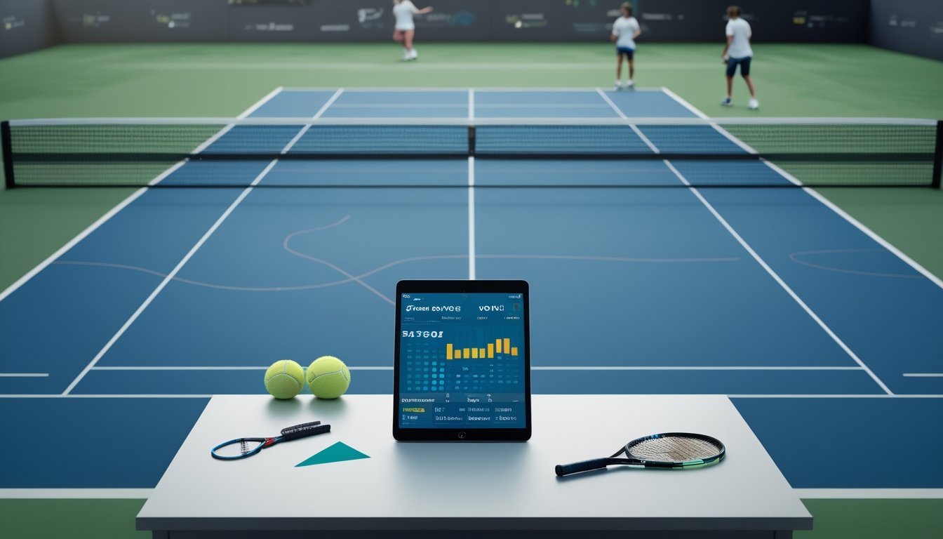 Dua pemain tenis bertanding di lapangan dengan perangkat analisis pertandingan di meja depan.