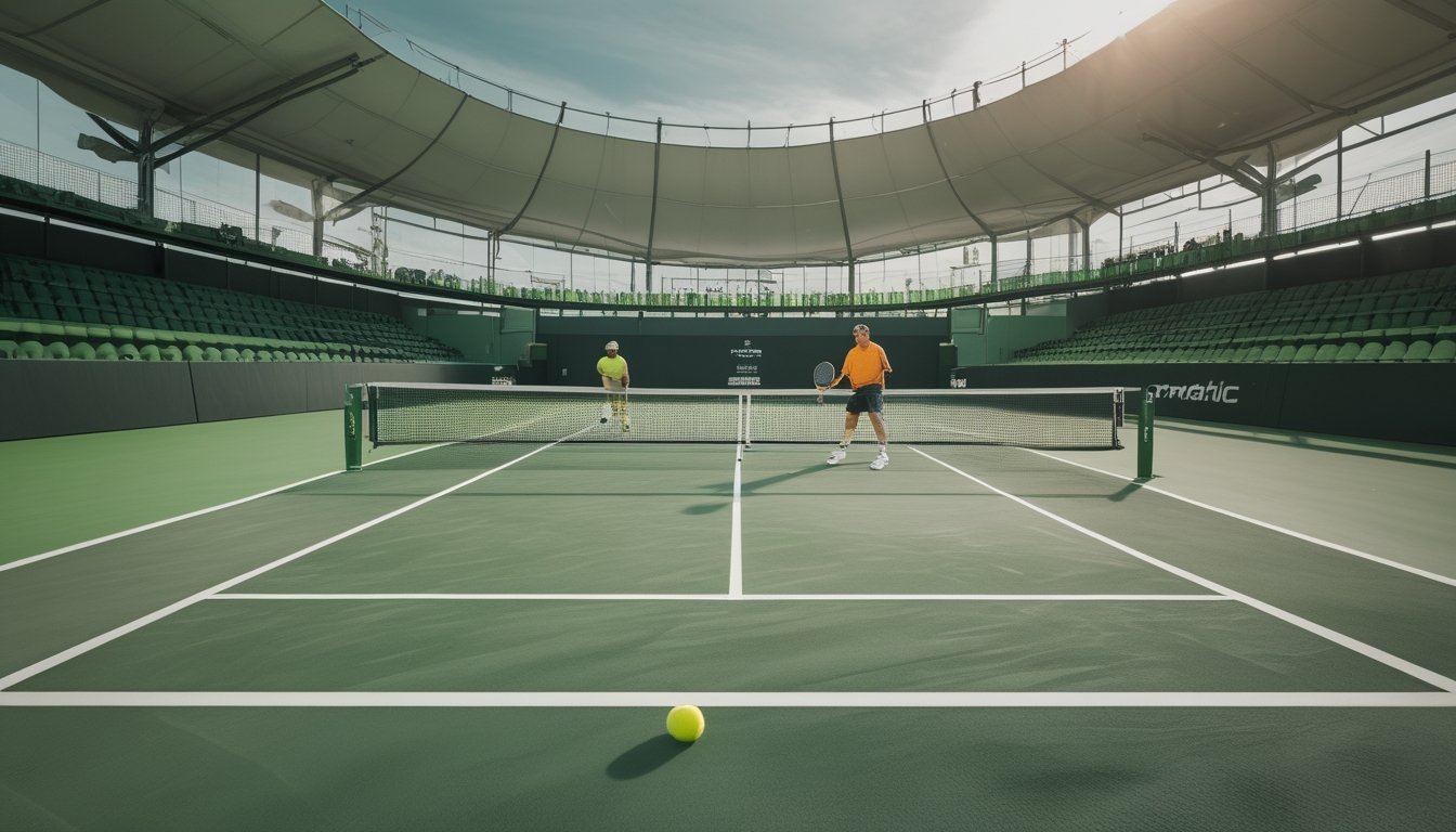 Dua pemain tenis bertanding dalam reli di lapangan dengan penonton di latar belakang.